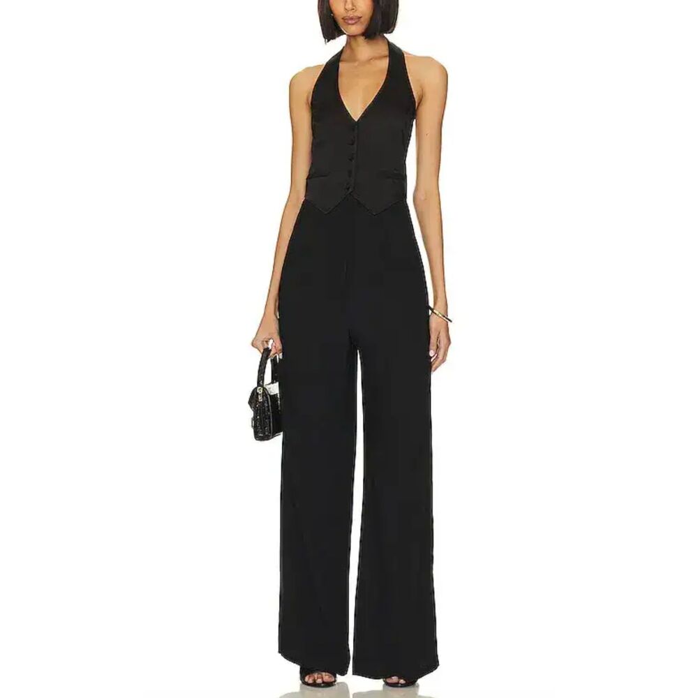 AMANDA UPRICHARD Isadore Satin Jumpsuit Black X-Large